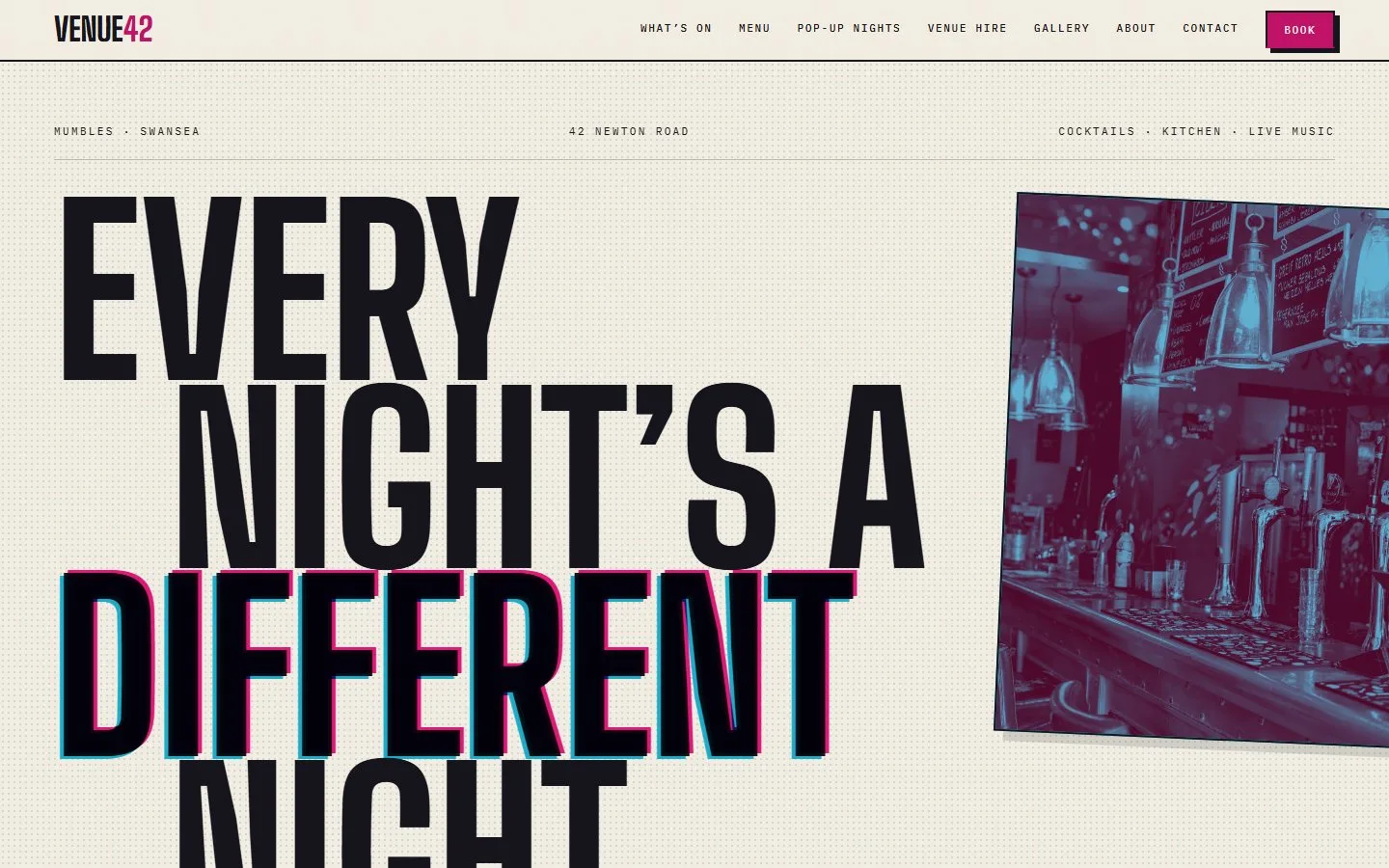 Venue 42 website homepage for a bar and live music venue in Mumbles